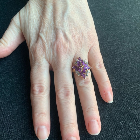 Simulated Amethyst/Diamond cocktail ring Sterling Silver 925 gold plated Size 7 - Picture 5 of 10